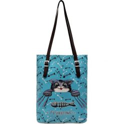 Shopper bag damskie: Shopper bag „Fishbone Lover” w kolorze turkusowo-czarnym – 40 x 43 cm