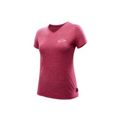 Koszulka turystyczna z krótkim rękawem TRAVEL 500 WOOL damska. Fioletowe t-shirty damskie marki QUECHUA, xs, z materiału, ze stójką. Za 59,99 zł.