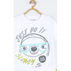 Koszulka. Białe t-shirty chłopięce LAZY AMAZY, z aplikacjami, z elastanu, z krótkim rękawem. Za 19,00 zł.