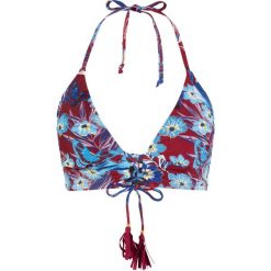 Biustonosz bikini z trójkątnymi miseczkami bonprix bordowo-niebieski z nadrukiem. Czerwone stroje kąpielowe damskie bonprix, z nadrukiem. Za 59,99 zł.