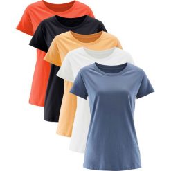 Długi shirt z okrągłym dekoltem (5 szt.), krótki rękaw bonprix mandarynkowo-czerwony + morelowy + niebieski dżins + czarny + biały. Czerwone koszulki damskie marki bonprix, bez wzorów, z okrągłym kołnierzem, z długim rękawem. Za 99,95 zł.