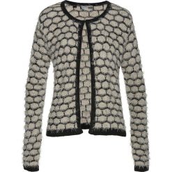 Sweter rozpinany z przędzy z długim włosem bonprix kamienisto-czarny. Szare swetry damskie bonprix, z haftami, z długim rękawem, długie, bez kaptura. Za 74,99 zł.