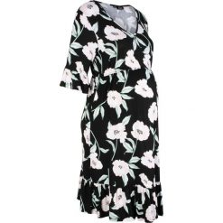 Sukienka shirtowa ciążowa z nadrukiem bonprix czarny w kwiaty. Czarne sukienki damskie bonprix, z nadrukiem, z materiału, eleganckie, bez kołnierzyka, moda ciążowa, bez rękawów, kopertowe. Za 109,99 zł.