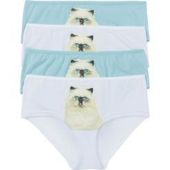 Bielizna damska: Figi „panty” z fotodrukiem (4 pary) bonprix biało-niebieski z nadrukiem kota