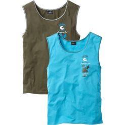 Koszulka tank top (2 szt.) bonprix ciemnooliwkowy + turkusowy. Zielone koszulki męskie bonprix, s, z nadrukiem, z kontrastowym kołnierzykiem, bez rękawów. Za 55,98 zł.