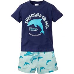 T-shirt + szorty (2 części) bonprix kobaltowo-jasny miętowy. Niebieskie spodenki chłopięce marki bonprix, na lato, z nadrukiem, z dresówki. Za 16,99 zł.