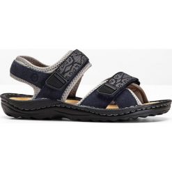 Wygodne sandały trekkingowe z elementami ze skóry bonprix ciemnoniebieski. Niebieskie buty trekkingowe damskie bonprix, bez wzorów, ze skóry, bez obcasa, bez zapięcia. Za 149,99 zł.
