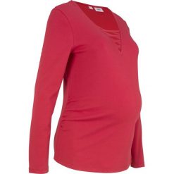 Shirt ciążowy bawełniany bonprix ciemnoczerwony. Czerwone koszulki damskie bonprix, w paski, z bawełny, z dekoltem w serek. Za 24,99 zł.