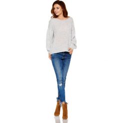 Oversizowy Jasnoszary Sweter z Bufiastym Rękawem. Szare swetry damskie Molly.pl, uniwersalny, bez wzorów, z jeansu, eleganckie, z długim rękawem, długie, bez kaptura. Za 99,90 zł.