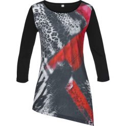 Shirt bonprix czarno-ciemnoczerwony wzorzysty. Czarne koszulki damskie marki bonprix, z nadrukiem, z asymetrycznym kołnierzem. Za 69,99 zł.