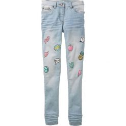 Dżinsy SKINNY z nadrukiem bonprix niebieski "bleached". Niebieskie rurki dziewczęce bonprix, z nadrukiem, z jeansu. Za 79,99 zł.