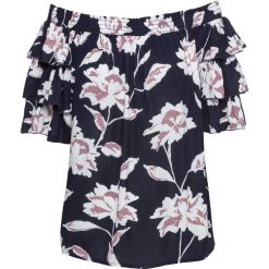 Bluzka "carmen" bonprix ciemnoniebieski z nadrukiem. Niebieskie bluzki z odkrytymi ramionami marki bonprix, z nadrukiem, z kołnierzem typu carmen. Za 89,99 zł.