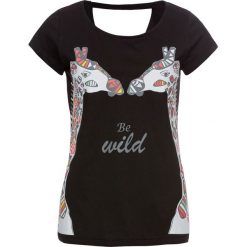 T-shirt z nadrukiem bonprix czarny. Czarne bluzki damskie marki bonprix, z nadrukiem, z dekoltem w serek. Za 34,99 zł.
