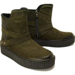 LANQIER 43C884 green nubuk, botki damskie. Zielone botki damskie Lanqier, ze skóry, bez obcasa, na platformie, na zamek. Za 299,90 zł.