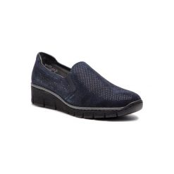 RIEKER 53766-18. Niebieskie półbuty damskie Rieker, bez wzorów, ze skóry, bez obcasa, bez zapięcia. Za 229,99 zł.