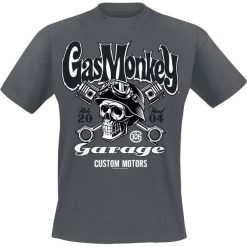 Gas Monkey Garage Custom Motors Skull T-Shirt odcienie ciemnoszarego. Szare t-shirty męskie Gas Monkey Garage, l, z nadrukiem, klasyczne, z okrągłym kołnierzem. Za 74,90 zł.
