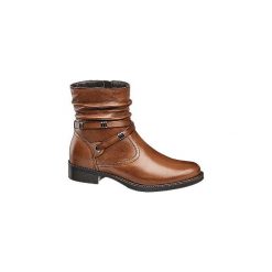 Brązowe botki damskie 5th Avenue z marszczoną cholewką. Pomarańczowe botki damskie ze skóry, bez obcasa, na obcasie, na zamek. Za 239,90 zł.