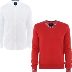 ZESTAW SWETER + KOSZULA. Czerwone t-shirty męskie marki Ochnik, m, z bawełny, z kontrastowym kołnierzykiem. Za 259,90 zł.