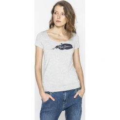 Pepe Jeans - Top Violeta. Szare topy damskie marki Pepe Jeans, s, z nadrukiem, z elastanu, z okrągłym kołnierzem. W wyprzedaży za 99,90 zł.