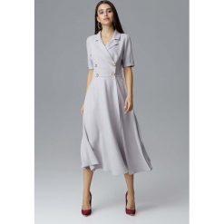 Szara Rozkloszowana Wizytowa Sukienka Żakietowa. Szare sukienki damskie Molly.pl, do pracy, s, bez wzorów, eleganckie, z klasycznym kołnierzykiem, z długim rękawem, długie, rozkloszowane. Za 278,90 zł.