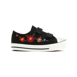 Czarne Trampki Flowerette. Czarne buty dziewczęce sportowe Born2be, z materiału, młodzieżowe, z okrągłym noskiem, na sznurówki. Za 24,99 zł.