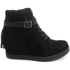 Czarne Zamszowe Trampki Sneakers Boho Frędzle 2030 Czarny. Czarne trampki i tenisówki damskie ButyModne, bez wzorów, z zamszu, ze sprzączką. Za 74,00 zł.