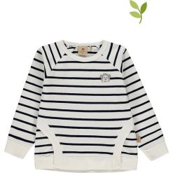 Bluza w kolorze granatowo-białym. Niebieskie bluzy niemowlęce Mother Nature & Me, w paski, z bawełny, bez rękawów, bez kaptura. W wyprzedaży za 62,95 zł.