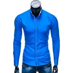 KOSZULA MĘSKA ELEGANCKA Z DŁUGIM RĘKAWEM K302 - JASNOGRANATOWA. Niebieskie koszule męskie na spinki Ombre Clothing, m, z bawełny, z kontrastowym kołnierzykiem, z długim rękawem. Za 39,00 zł.
