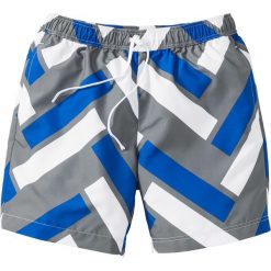 Długie szorty plażowe Regular Fit bonprix lazurowo-szaro-biały wzorzysty. Niebieskie spodnie męskie bonprix, na plażę, s, bez wzorów, długie. Za 49,99 zł.
