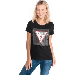 Guess Koszulka Czarny. Czarne koszulki damskie Guess, s, z aplikacjami, z bawełny, bez kołnierzyka, z krótkim rękawem. Za 163,95 zł.