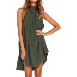 Sukienka DIMENA KHAKI. Brązowe sukienki damskie IVET, na lato, bez wzorów, z bawełny, eleganckie, bez kołnierzyka, z krótkim rękawem, krótkie, mini. W wyprzedaży za 79,00 zł.
