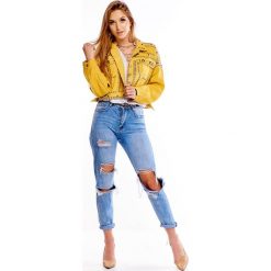 Oversize'owa kurtka jeansowa z dżetami żółty. Żółte kurtki damskie N/A, bez wzorów, z poliesteru, bez kaptura. Za 321,67 zł.
