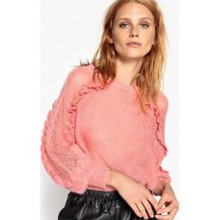 Kardigany damskie: Moherowy sweter, rękawy z falbankami