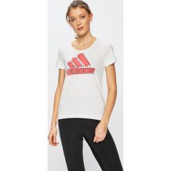 Adidas Performance - Top. Białe topy damskie adidas Performance, s, z nadrukiem, z bawełny, z krótkim rękawem. W wyprzedaży za 69,90 zł.