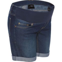 Szorty ciążowe dżinsowe z paskiem pod brzuch bonprix ciemnoniebieski "stone". Niebieskie jeansy damskie bonprix, moda ciążowa. Za 79,99 zł.