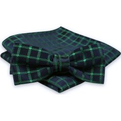 Granatowo-Zielona Mucha Męska -ALTIES- z Taką Samą Poszetką, w Kratkę MUALTS0584. Żółte muszki męskie Alties, na imprezę, w paski, eleganckie. Za 40,00 zł.