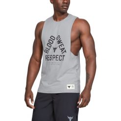 Under Armour Project Rock Blood Sweat Respect Podkoszulek Szary. Szare podkoszulki męskie Under Armour, s, z nadrukiem, z elastanu, bez rękawów. Za 171,95 zł.