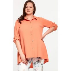 Asymetryczna bluzka Gaja w odcieniach pomarańczu XXL OVERSIZE. Żółte bluzki damskie Moda Size Plus Iwanek, xxl, bez wzorów, z elastanu, z asymetrycznym kołnierzem, bez rękawów. Za 119,00 zł.