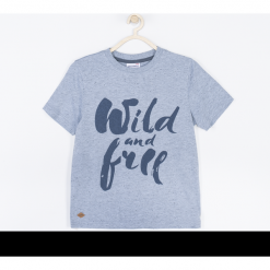 Koszulka. Niebieskie t-shirty chłopięce marki FREE AND WILD, z aplikacjami, z krótkim rękawem. Za 45,90 zł.