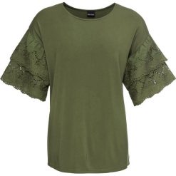 Shirt z rękawami z ażurowym wzorem bonprix ciemny khaki. Zielone koszulki damskie bonprix, bez wzorów, z okrągłym kołnierzem. Za 49,99 zł.