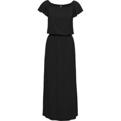 Sukienka shirtowa z dekoltem "carmen" bonprix czarny. Czarne sukienki damskie bonprix, bez wzorów, z materiału, bez kołnierzyka, bez rękawów. Za 99,99 zł.