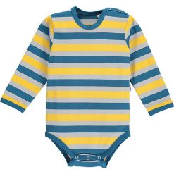 Body w kolorze morskim ze wzorem. Niebieskie body niemowlęce lamino, w paski, z materiału, bez rękawów. W wyprzedaży za 30,95 zł.