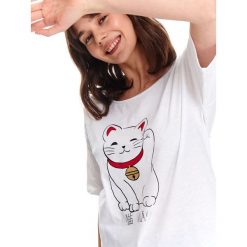 T-shirt damski z nadrukiem. Białe t-shirty damskie Top Secret, z nadrukiem, z bawełny, klasyczne, z klasycznym kołnierzykiem. W wyprzedaży za 24,99 zł.