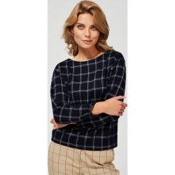 Elegancka bluza w kratę. Niebieskie bluzy damskie Moodo, xl, w kratkę, z elastanu, z długim rękawem, długie, bez kaptura. Za 79,99 zł.