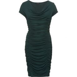 Sukienka ze stretchem i drapowaniem bonprix głęboki zielony. Zielone sukienki damskie bonprix, z nadrukiem, eleganckie, bez kołnierzyka, bez rękawów. Za 54,99 zł.