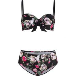 Bikini na fiszbinach (2 części) bonprix czarno-różowy. Czarne stroje kąpielowe damskie bonprix, z nadrukiem. Za 109,99 zł.