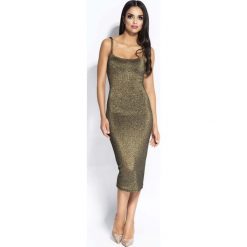 Złota Sukienka Bodycon na Cienkich Ramiączkach. Żółte sukienki damskie Molly.pl, s, bez wzorów, z dekoltem na plecach, bez rękawów, midi, ołówkowe. Za 209,90 zł.