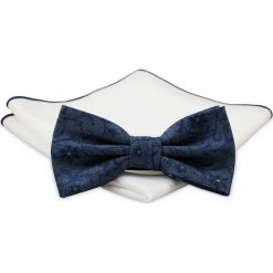 Granatowa Mucha z Białą Poszetką -CHATTIER- Męska, w Tłoczony Wzór w Kwiaty MUCH0469. Niebieskie muszki męskie Chattier, na imprezę, w paski, eleganckie. Za 44,00 zł.