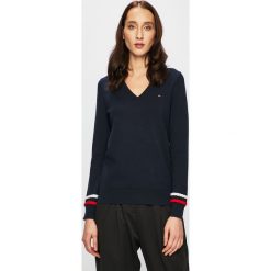 Tommy Hilfiger - Sweter. Niebieskie swetry damskie TOMMY HILFIGER, s, bez wzorów, z bawełny, z krótkim rękawem, krótkie, bez kaptura. W wyprzedaży za 319,90 zł.