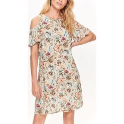 SUKIENKA DAMSKA, COLD SHOULDER, W KWIATY, NA CO DZIEŃ. Brązowe sukienki damskie na komunię marki Top Secret, na co dzień, na lato, w kwiaty, z krótkim rękawem, krótkie, mini. Za 149,99 zł.